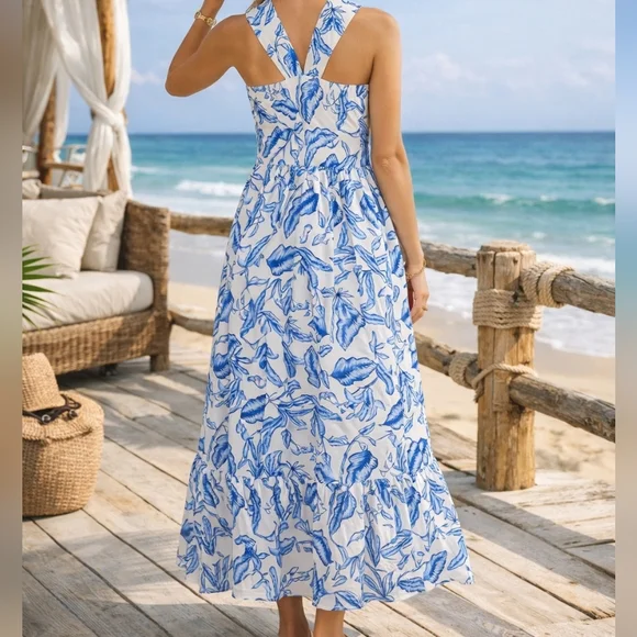 Grace Karin Blue Floral Halter Maxi Dress NWT Coastal Summer Size M Resortwear - Picture 2 of 9